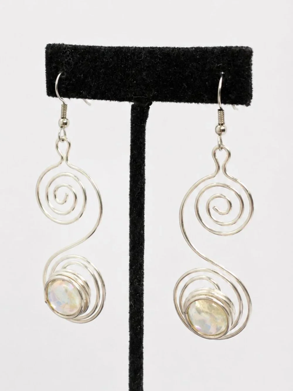 SILVER TONE EARRINGS Spiral Wire Iridescent Cabochon Modernist Dangle Pierced